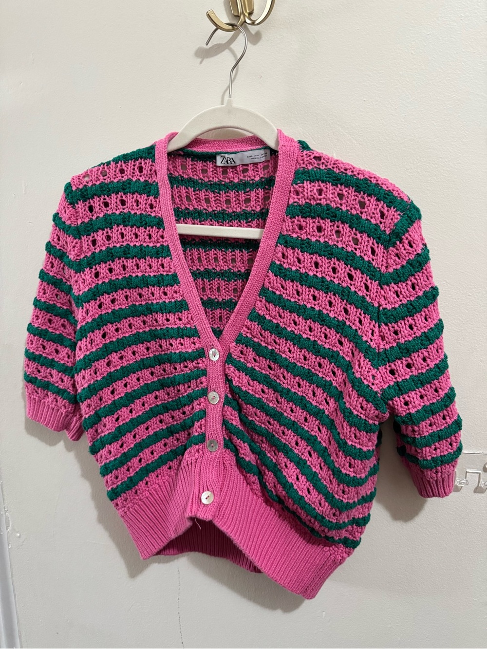 ZARA Pink and Green Striped Short-Sleeve Knit Cardigan